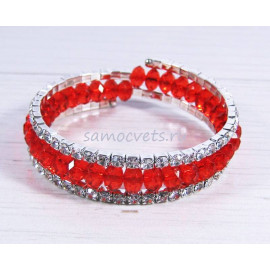 Браслет спиралька 3 ряда стразы и хрусталь - красный