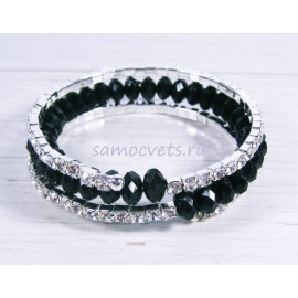 Браслет спиралька 3 ряда стразы и хрусталь - чёрный