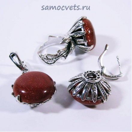 Комплект Серьги + Кольцо c Авантюрином искусств. Коричневым Азалия