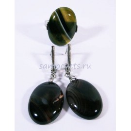 Агатовый Комплект Кабошон серьги + кольцо Серый Агат