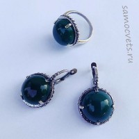 Комплект кольцо + серьги зелёный агат - Круг