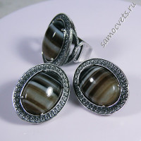 Комплект серьги + кольцо коричневый агат овал 13*18