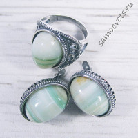 Комплект серьги + кольцо зелёный агат кабошон 13*18 мм