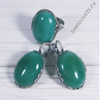 Комплект серьги + кольцо зелёный агат кабошон 18*25 мм