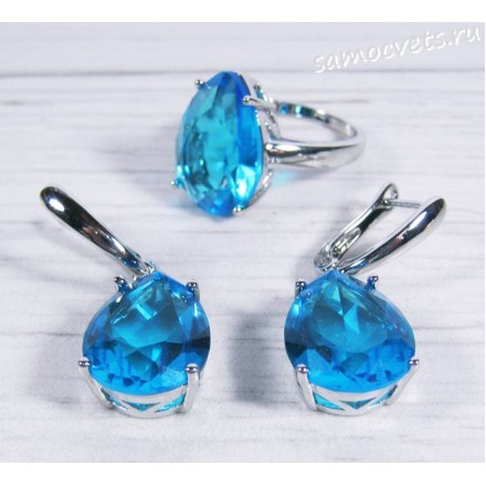 Комплект голубой кристалл ( цвет аквамарин)  капля