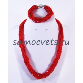 Хрустальный Комплект с бисером Красный (Бусы + Браслет) Жгут