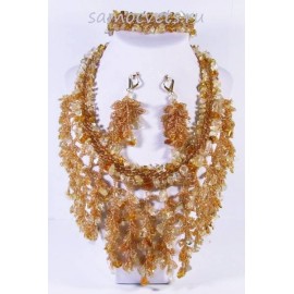 Плетённый комплект из цитрина и бисера (Браслет + Колье + Серьги)