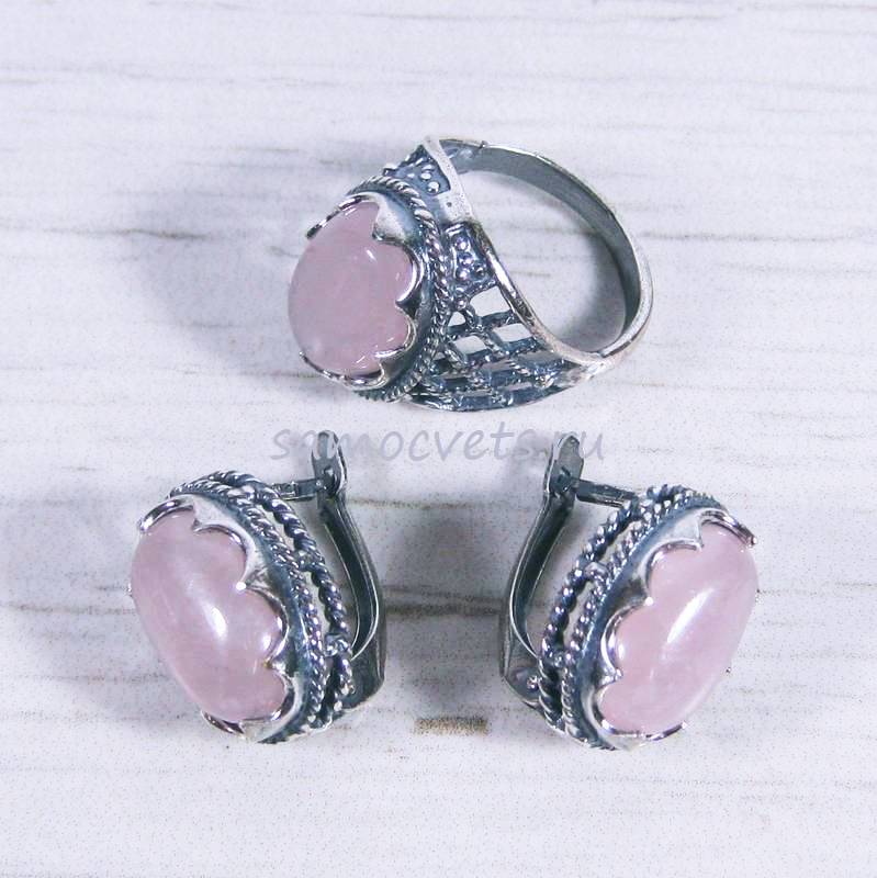 Комплект розовый кварц серьги - кольцо Айнур: отзывы, фото, цена, купить